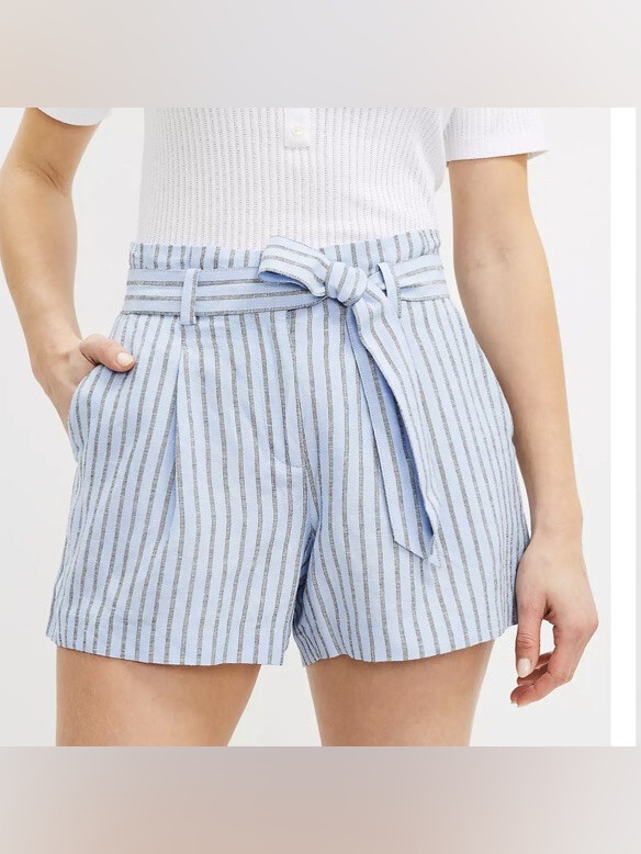 Nwot Loft Size Large Blue/Gray Pinstripe Linen Blend Tie-Waist Shorts